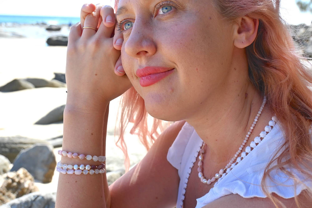 One Of A Kind Moonstone & Pink Opal Gold Bracelet