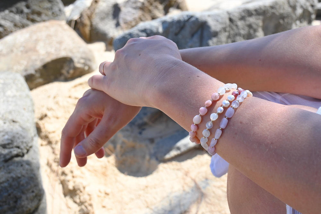 One Of A Kind Moonstone & Pink Opal Gold Bracelet