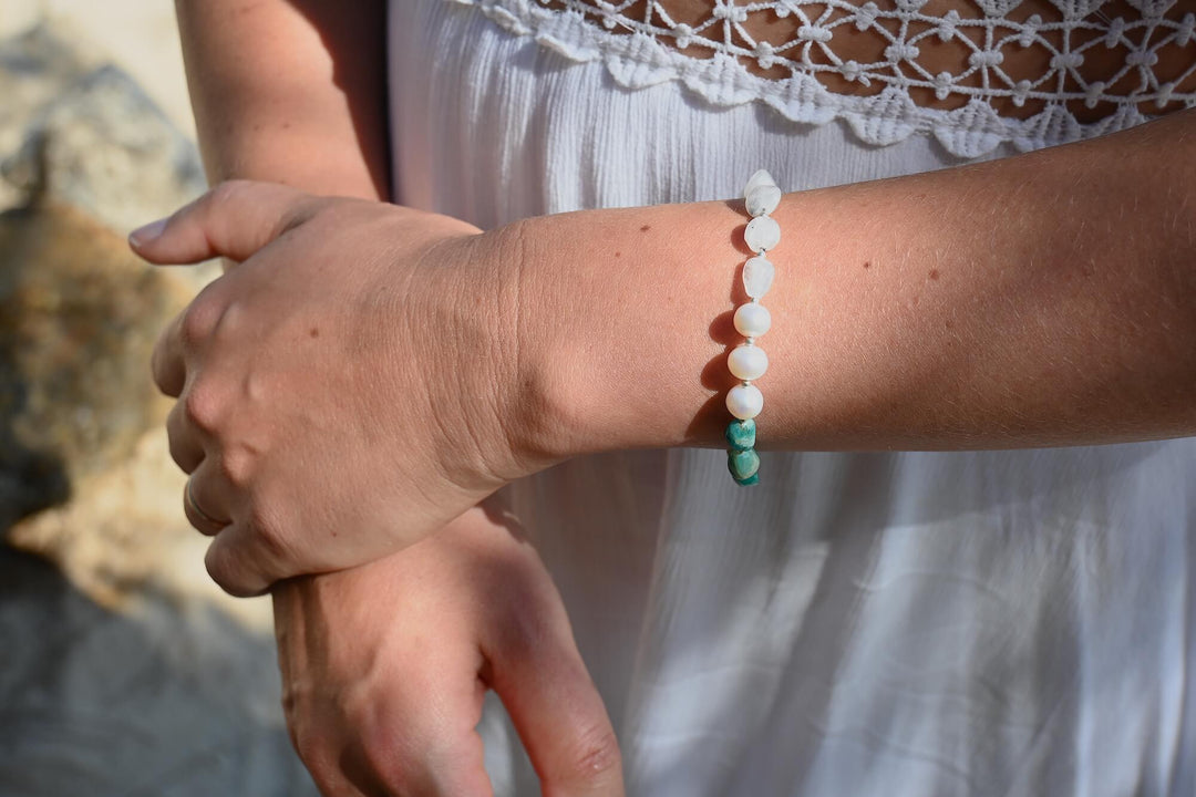 One Of A Kind Amazonite, Moonstone & Pearl Bracelet