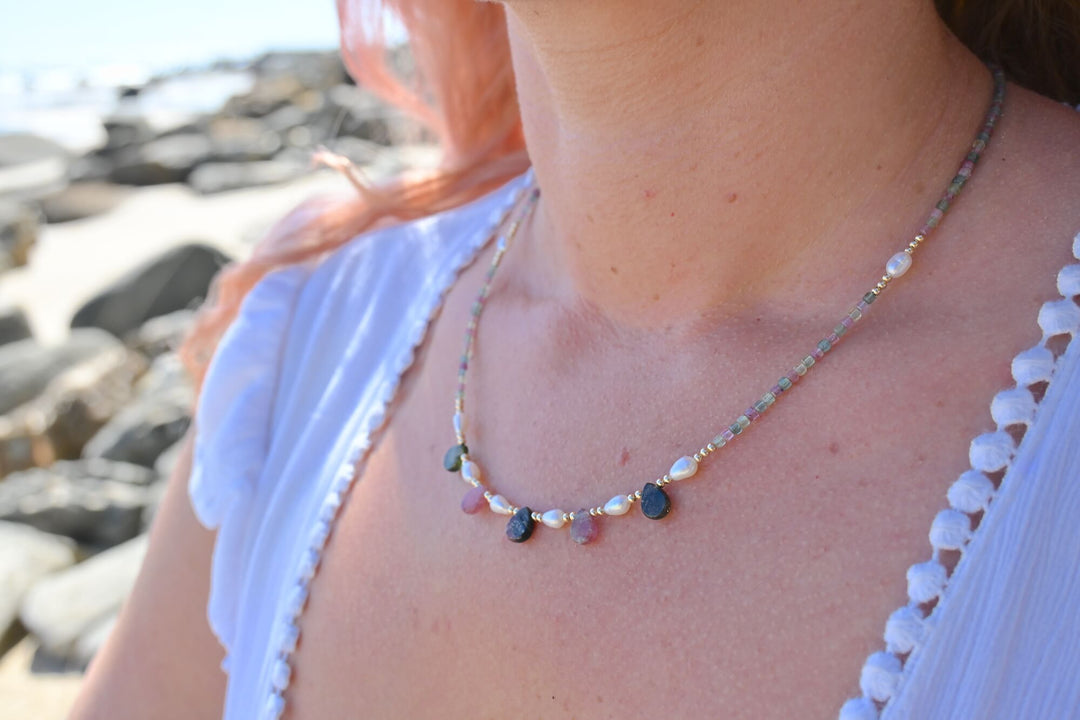 One Of A Kind Tourmaline & Pearl Gold Necklace