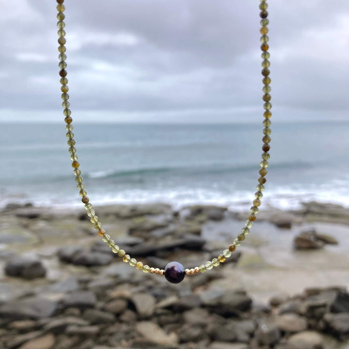 One Of A Kind Green Garnet & Black Pearl Gold Necklace