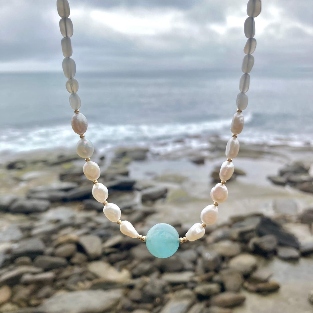 Lemurian Dreaming Aquamarine, Moonstone & Pearl Gold Necklace