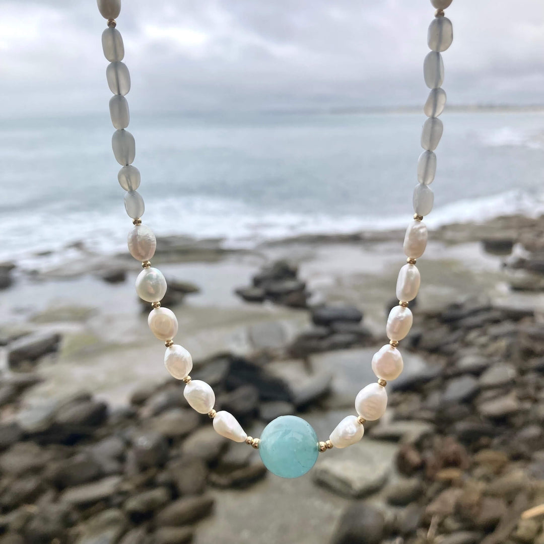 Lemurian Dreaming Aquamarine, Moonstone & Pearl Gold Necklace