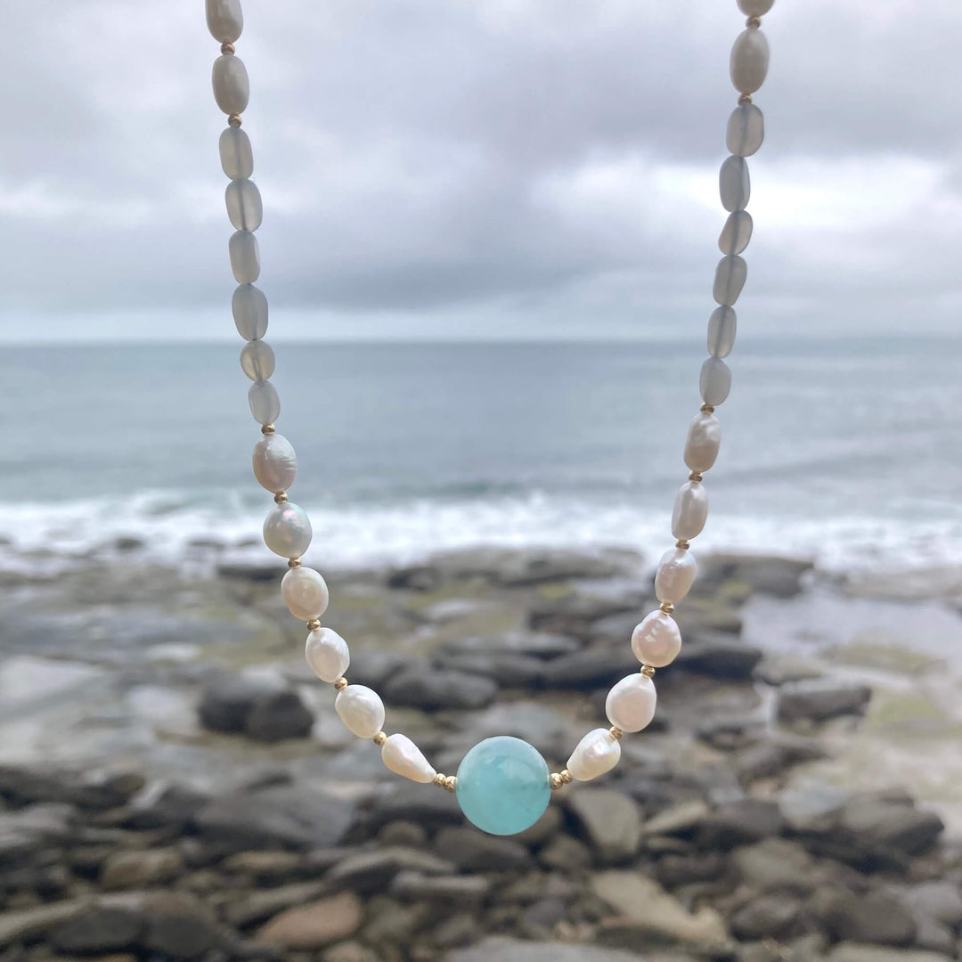 Lemurian Dreaming Aquamarine, Moonstone & Pearl Gold Necklace