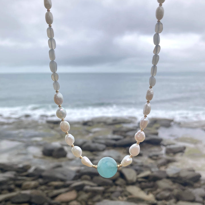 Lemurian Dreaming Aquamarine, Moonstone & Pearl Gold Necklace