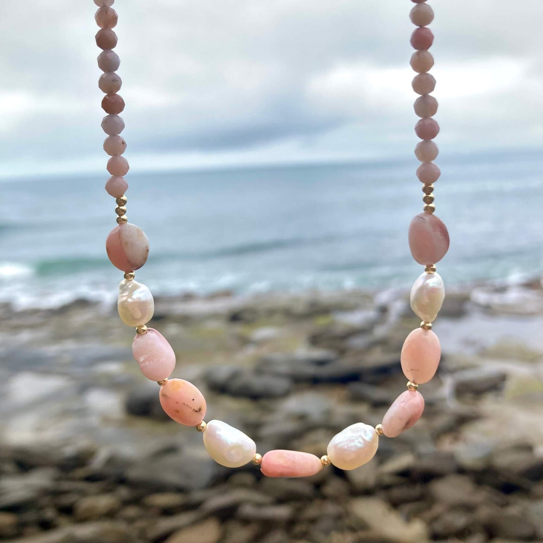 One Of A Kind Pink Opal & Pearl Gold Necklace