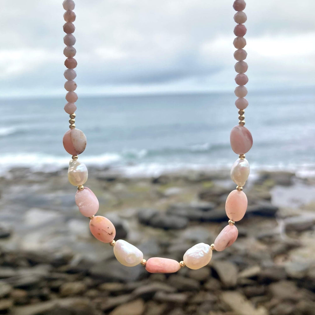 One Of A Kind Pink Opal & Pearl Gold Necklace