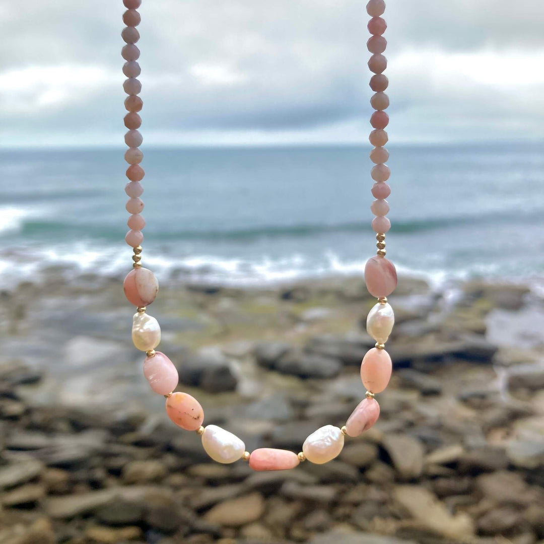 One Of A Kind Pink Opal & Pearl Gold Necklace