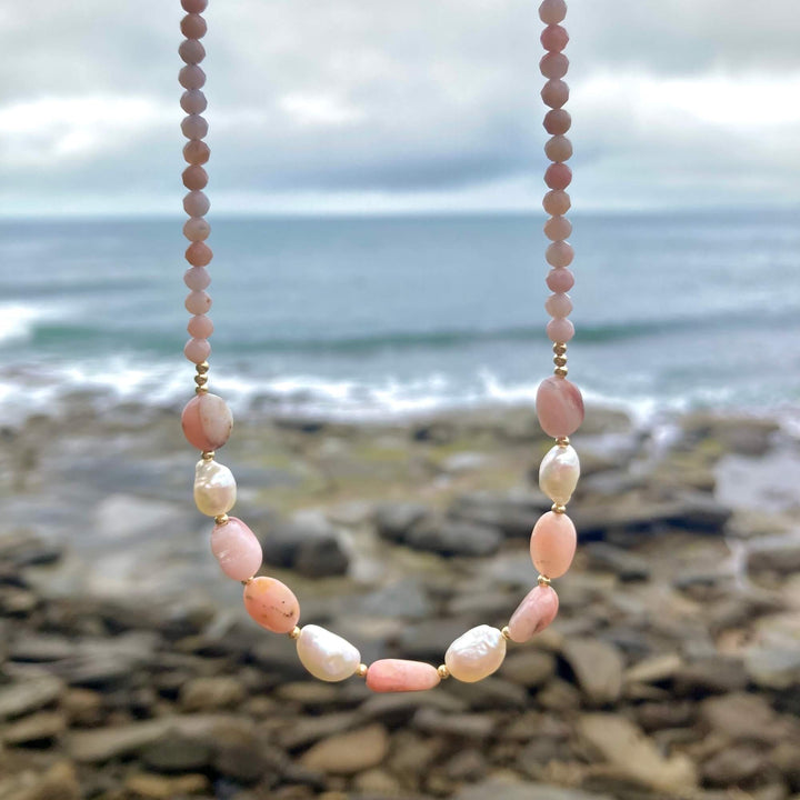 One Of A Kind Pink Opal & Pearl Gold Necklace