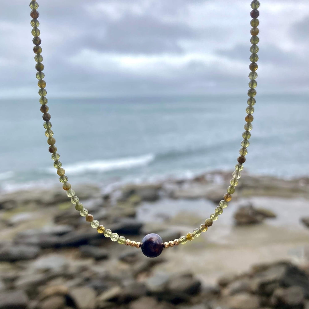 One Of A Kind Green Garnet & Black Pearl Gold Necklace