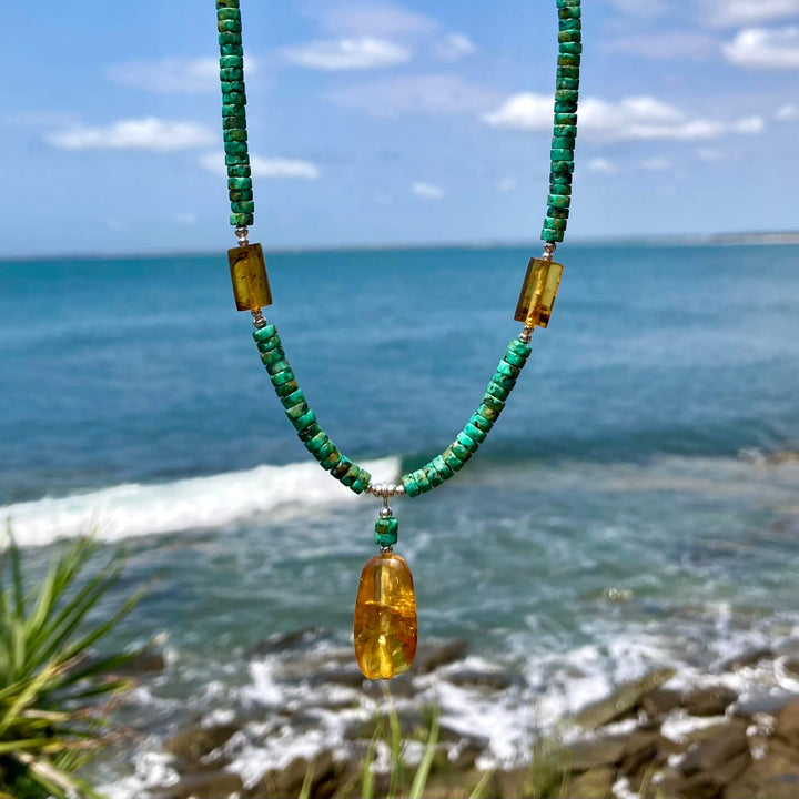 African Turquoise & Amber Pendant Necklace