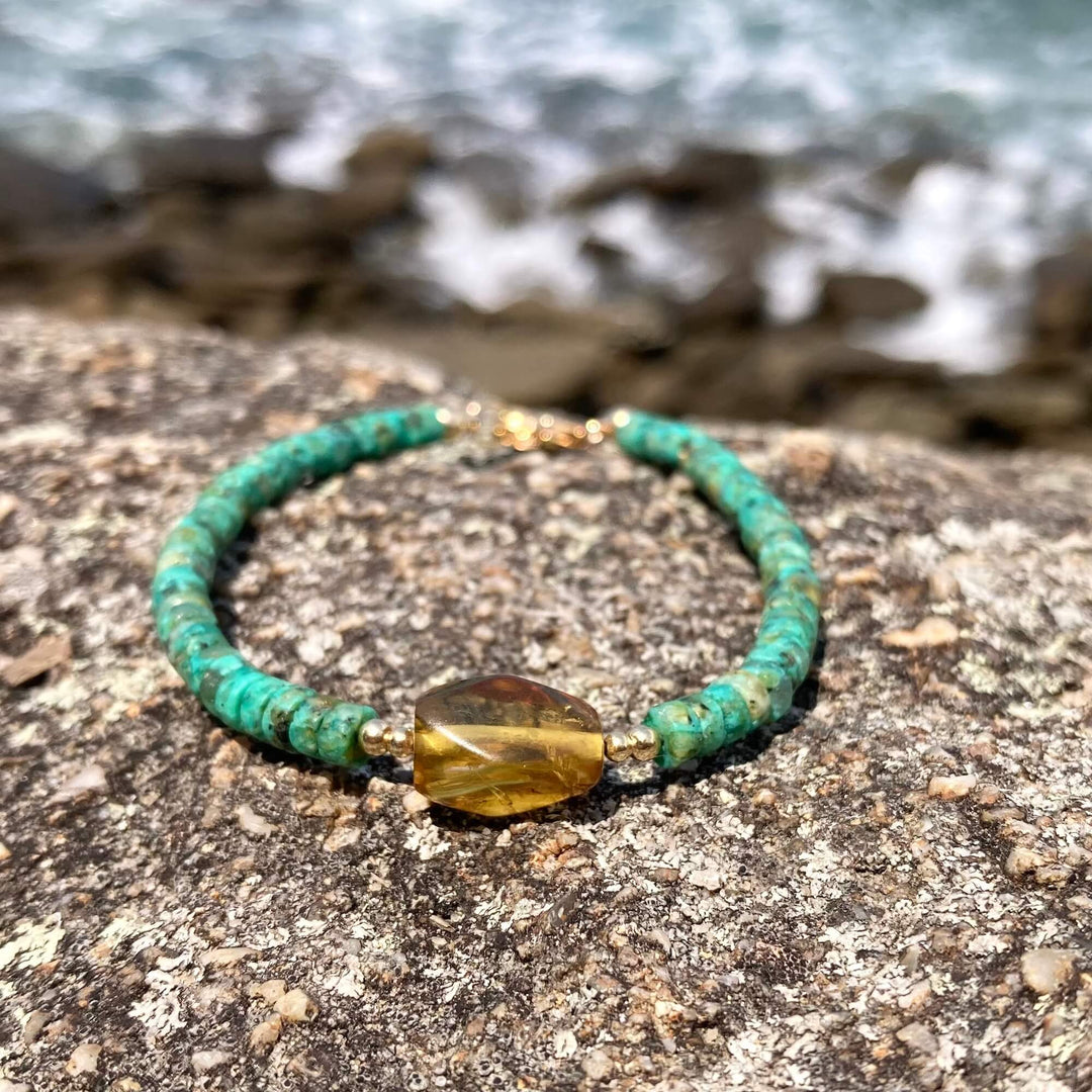 African Turquoise & Amber Gold Bracelet