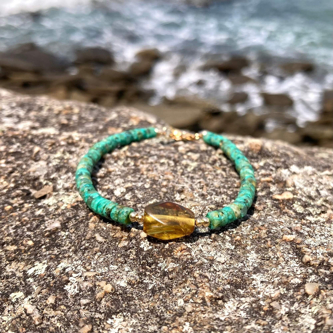 African Turquoise & Amber Gold Bracelet