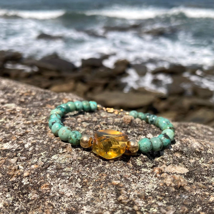 African Turquoise & Amber Gold Bracelet