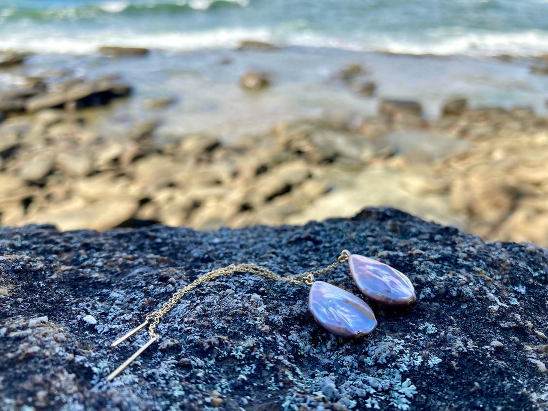 Tear Drop Golden Pearl Thread Earrings