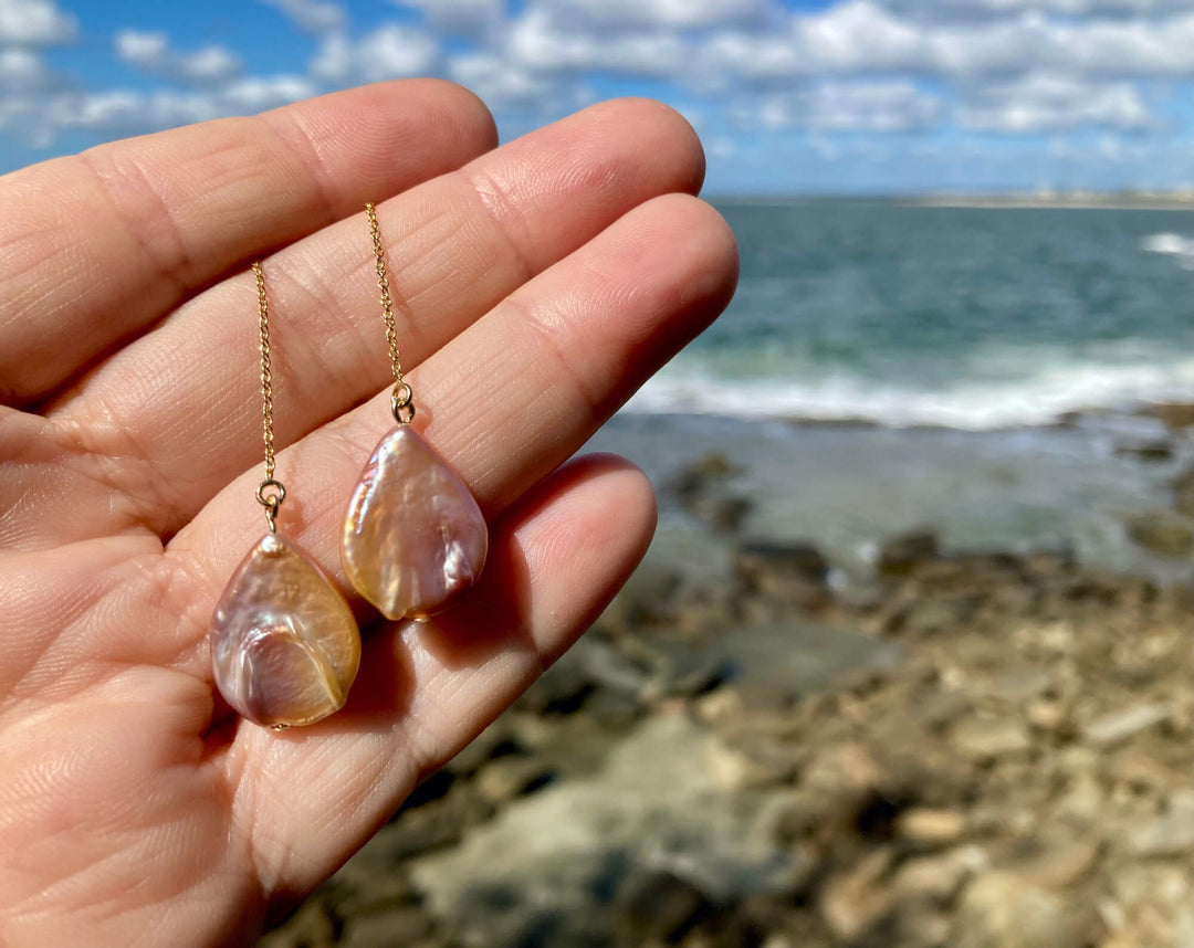 Tear Drop Golden Pearl Thread Earrings