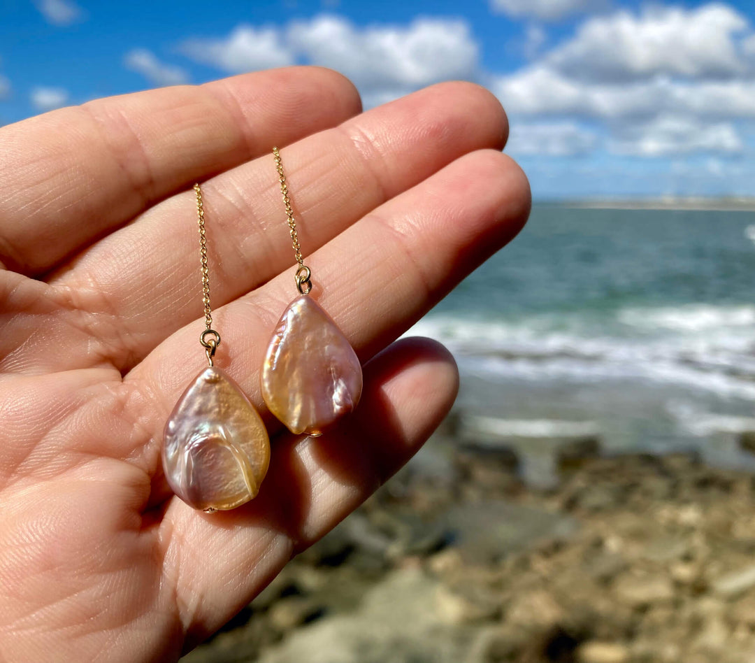 Tear Drop Golden Pearl Thread Earrings