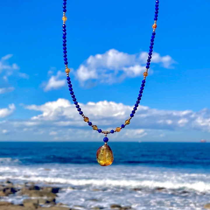 Amber & Lapis Lazuli Gold Necklace