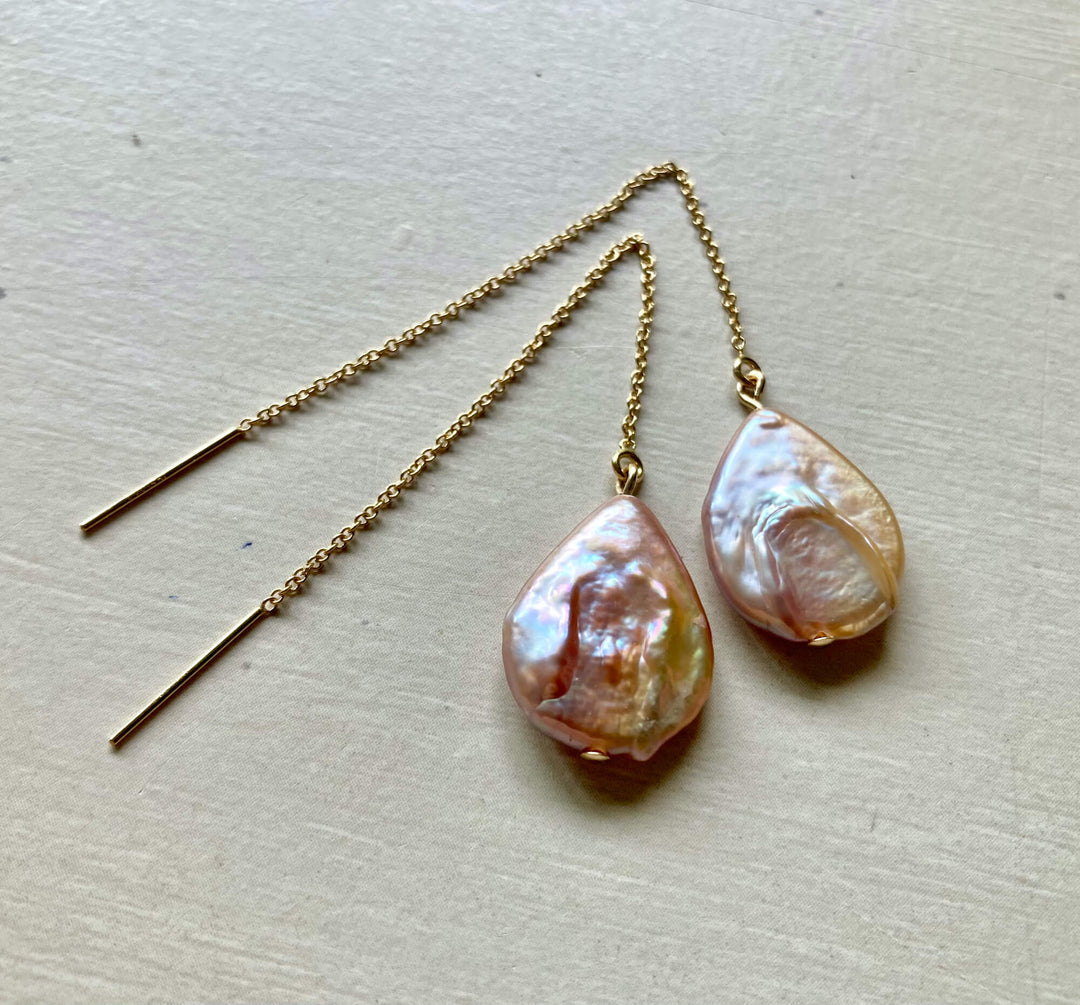 Tear Drop Golden Pearl Thread Earrings