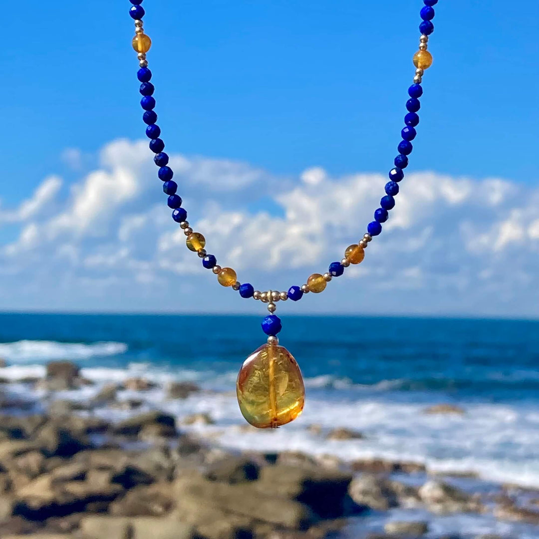 Amber & Lapis Lazuli Gold Necklace