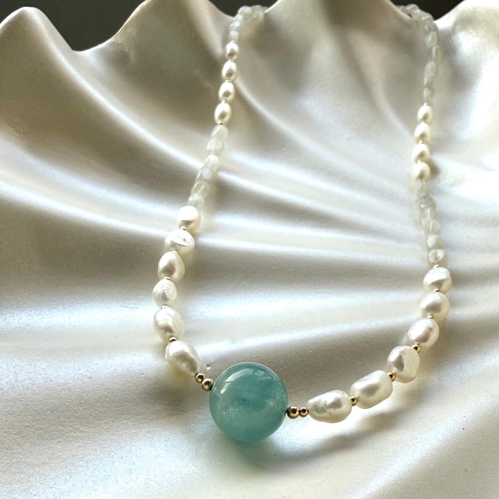 Lemurian Dreaming Aquamarine, Moonstone & Pearl Gold Necklace