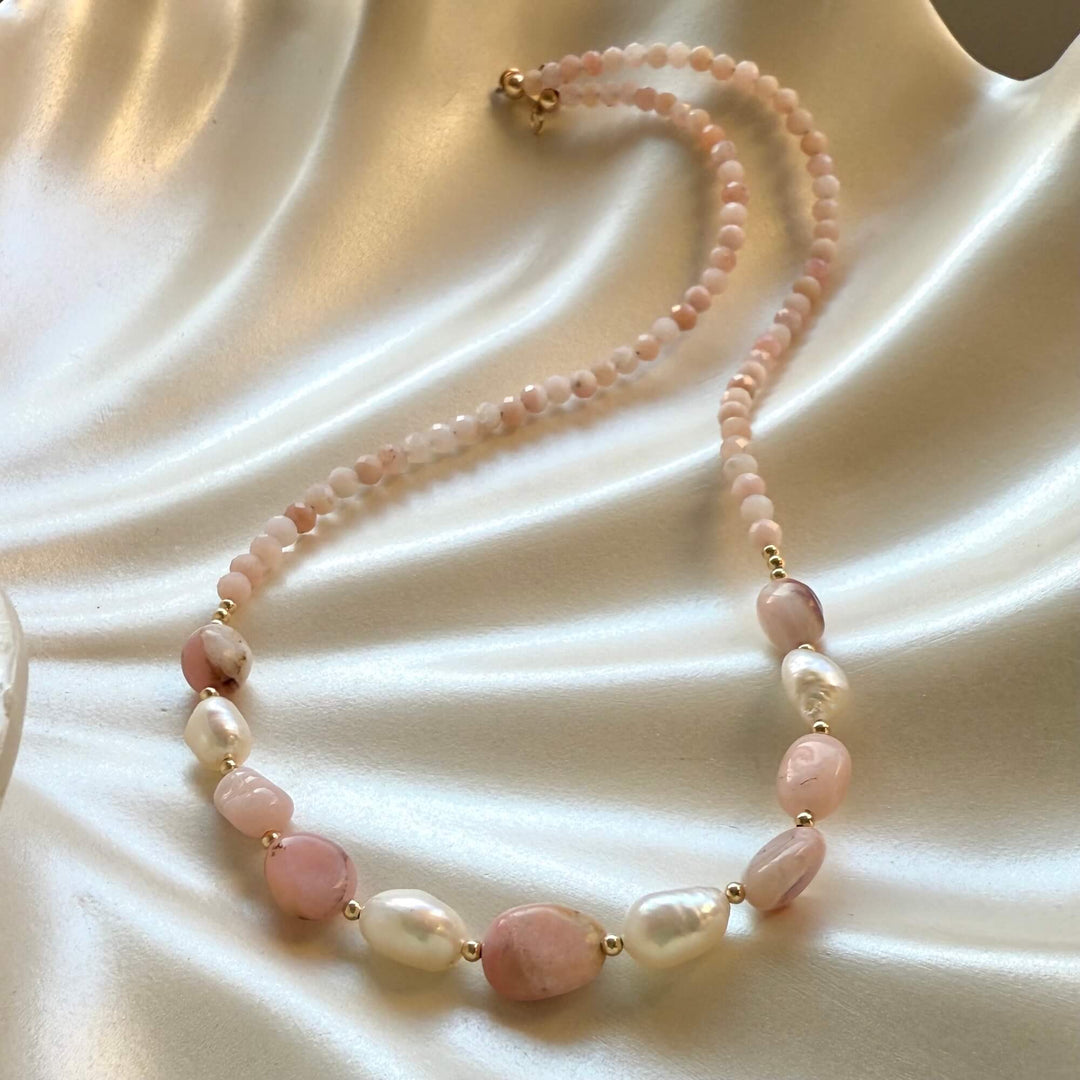 One Of A Kind Pink Opal & Pearl Gold Necklace
