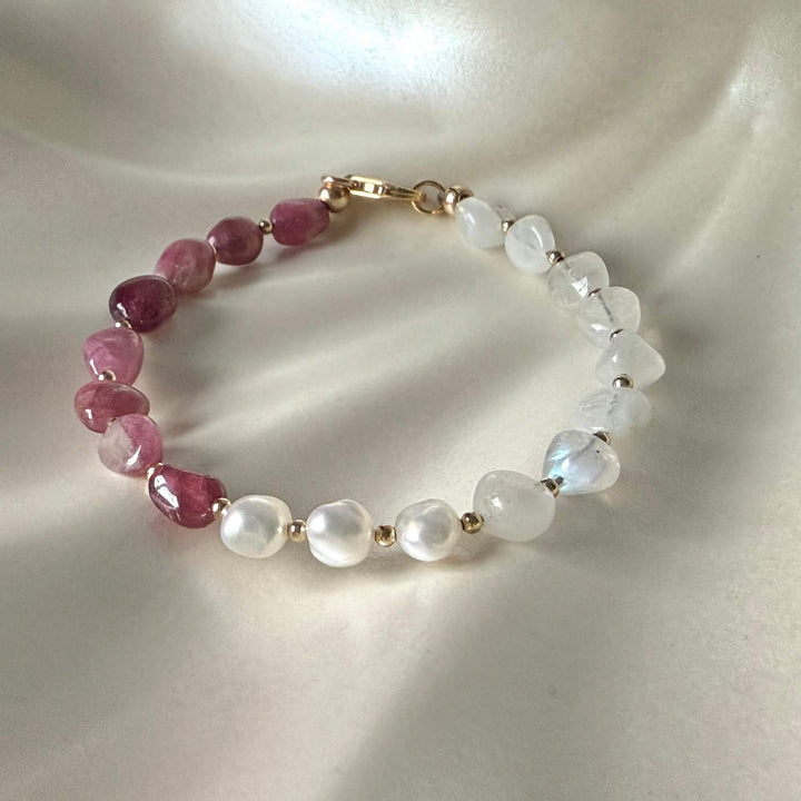One Of A Kind Moonstone, Pearl & Pink Tourmaline Gold Bracelet