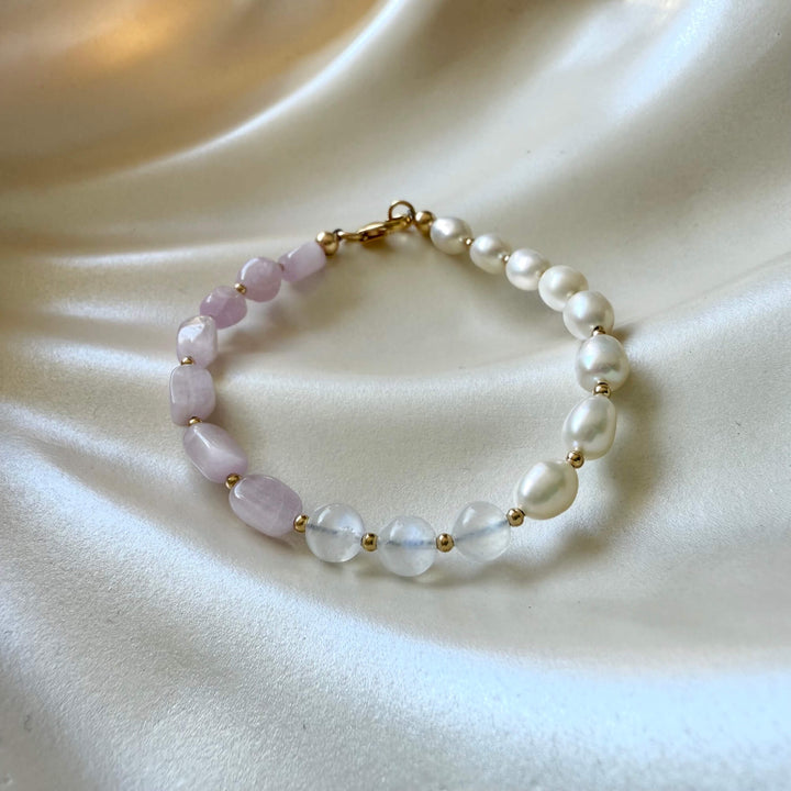 One Of A Kind Kunzite, Moonstone & Pearl Gold Bracelet