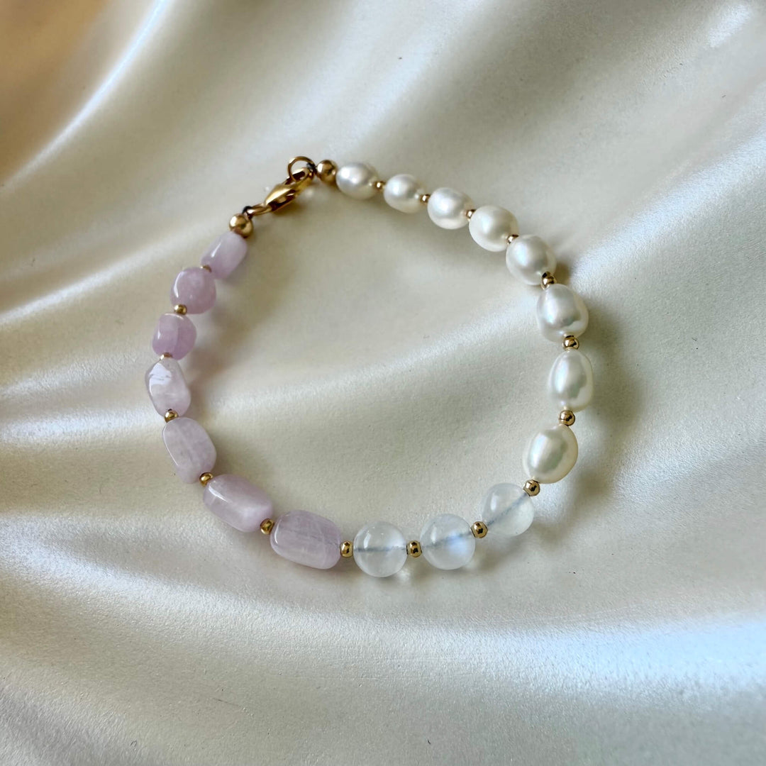 One Of A Kind Kunzite, Moonstone & Pearl Gold Bracelet