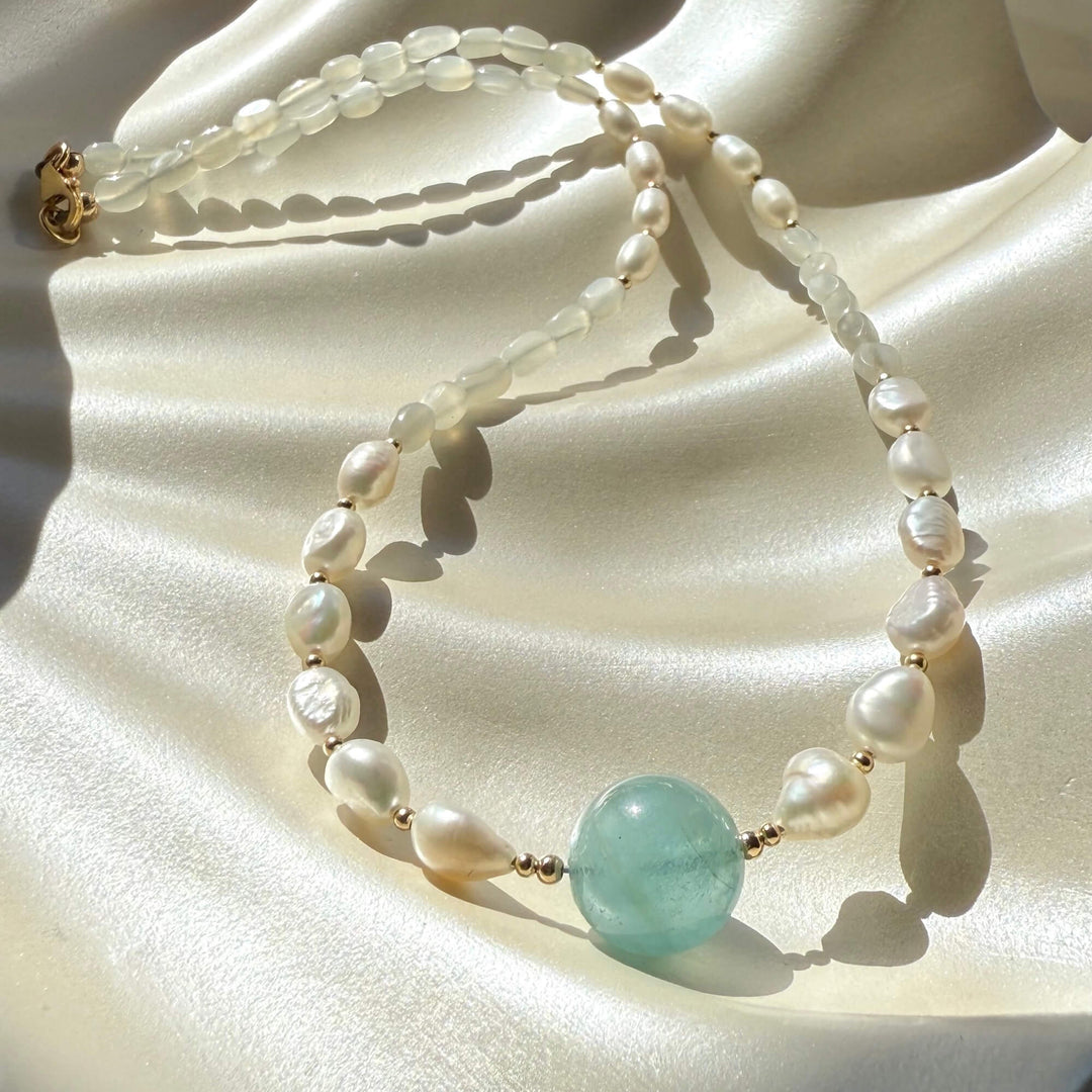 Lemurian Dreaming Aquamarine, Moonstone & Pearl Gold Necklace