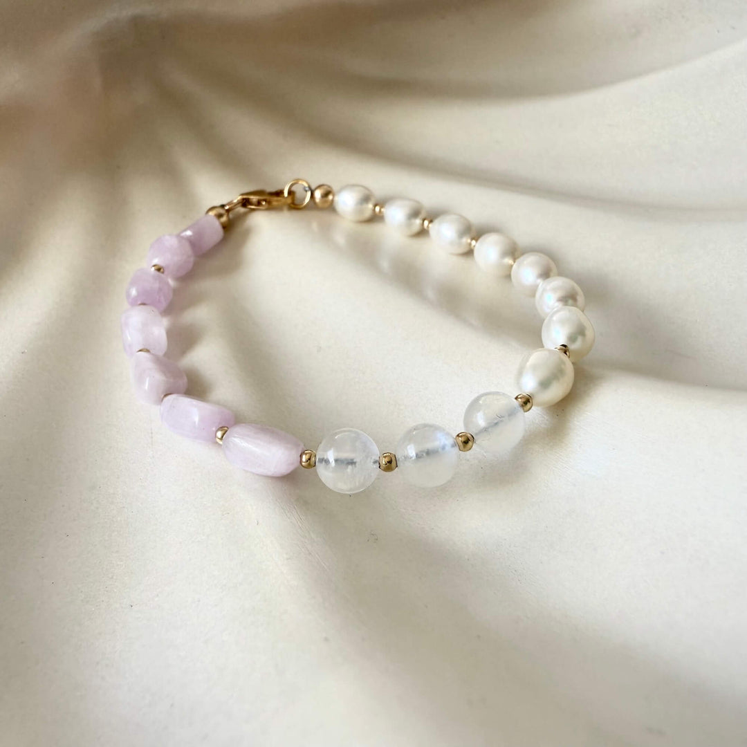 One Of A Kind Kunzite, Moonstone & Pearl Gold Bracelet