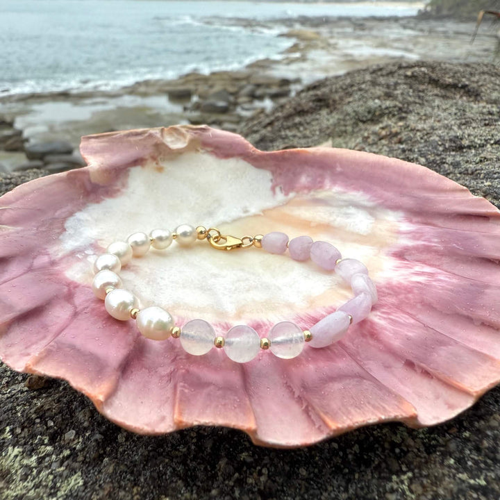 One Of A Kind Kunzite, Moonstone & Pearl Gold Bracelet