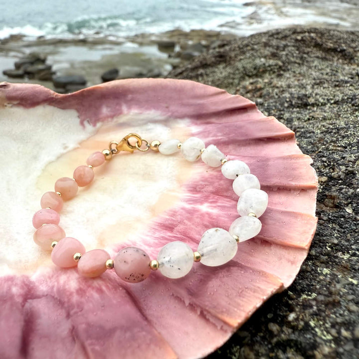 One Of A Kind Moonstone & Pink Opal Gold Bracelet