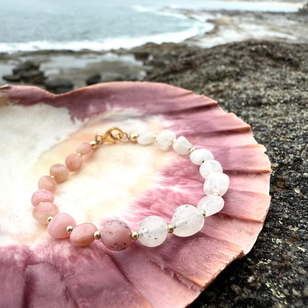 One Of A Kind Moonstone & Pink Opal Gold Bracelet