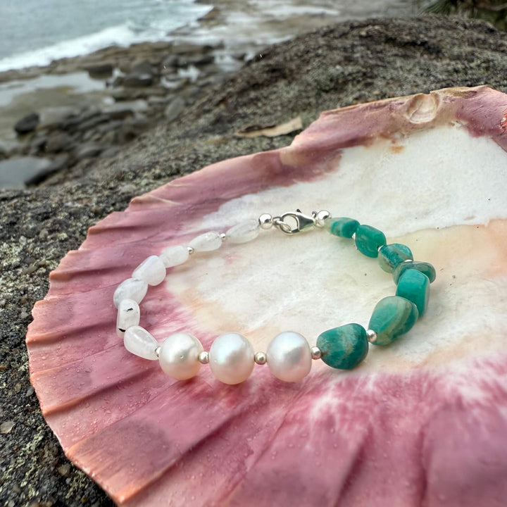 One Of A Kind Amazonite, Moonstone & Pearl Bracelet