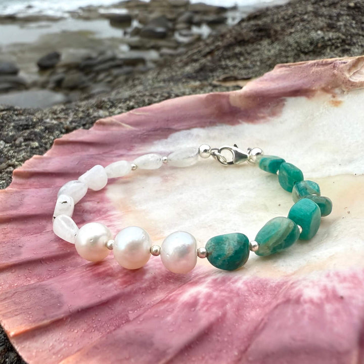 One Of A Kind Amazonite, Moonstone & Pearl Bracelet