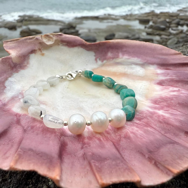 One Of A Kind Amazonite, Moonstone & Pearl Bracelet