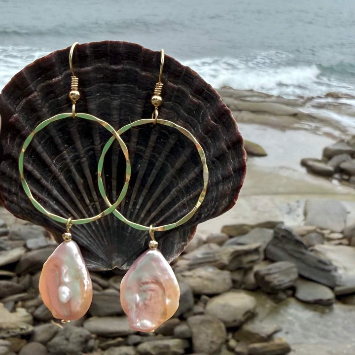 Golden Tear Drop Pearl Hoop Earrings