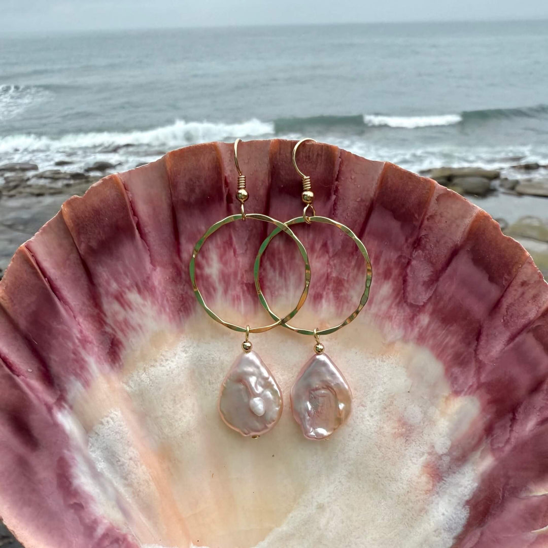 Golden Tear Drop Pearl Hoop Earrings