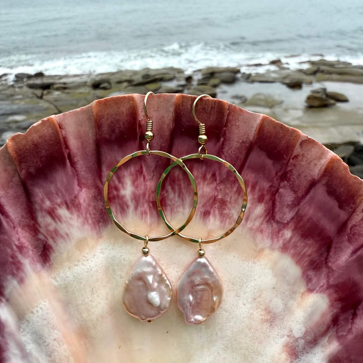 Golden Tear Drop Pearl Hoop Earrings