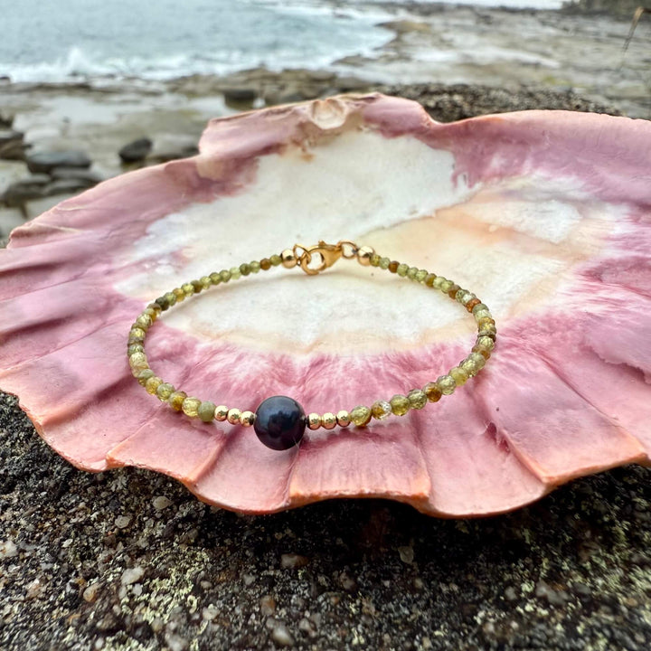 One Of A Kind Green Garnet & Black Pearl Gold Bracelet