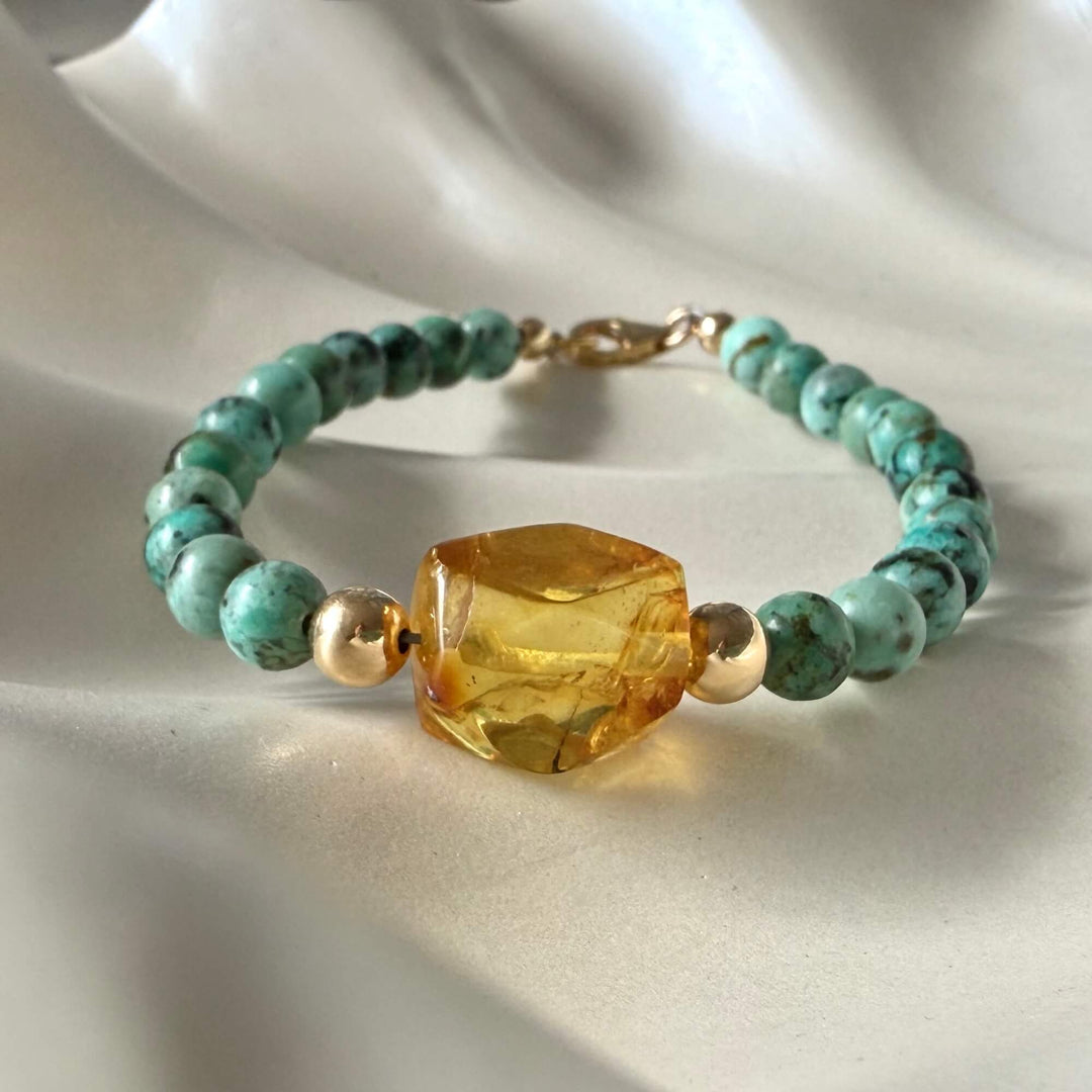 African Turquoise & Amber Gold Bracelet