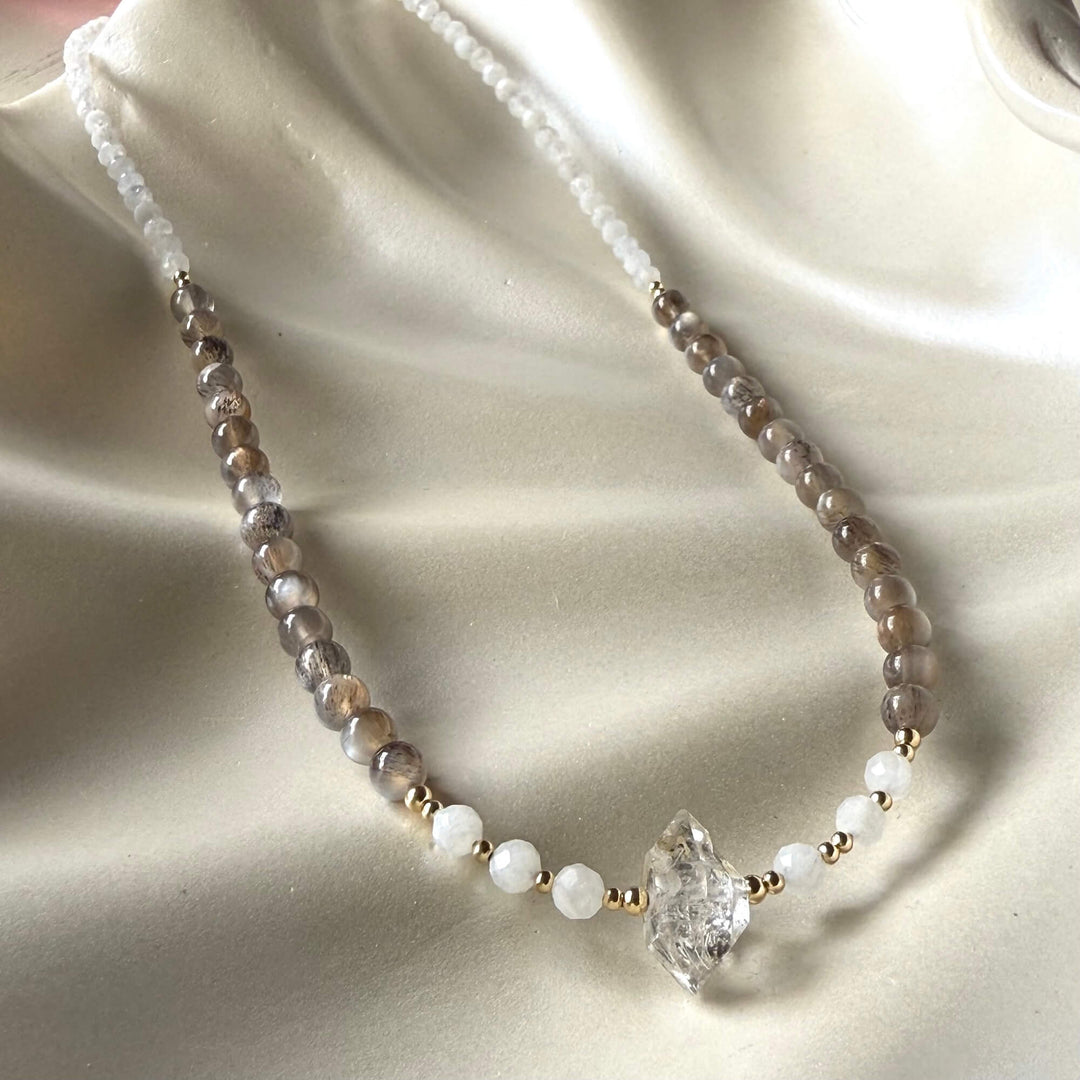Golden Herkimer, Black Moonstone & Moonstone Necklace