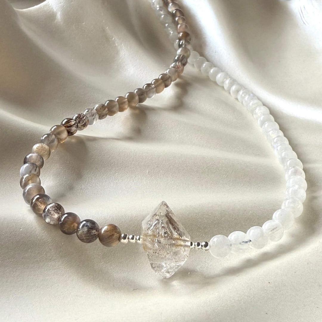Duality Herkimer, Black Moonstone & Moonstone Necklace