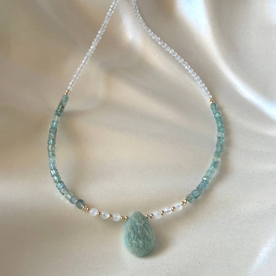 Lemurian Dreaming Amazonite, Apatite & Moonstone Gold Necklace