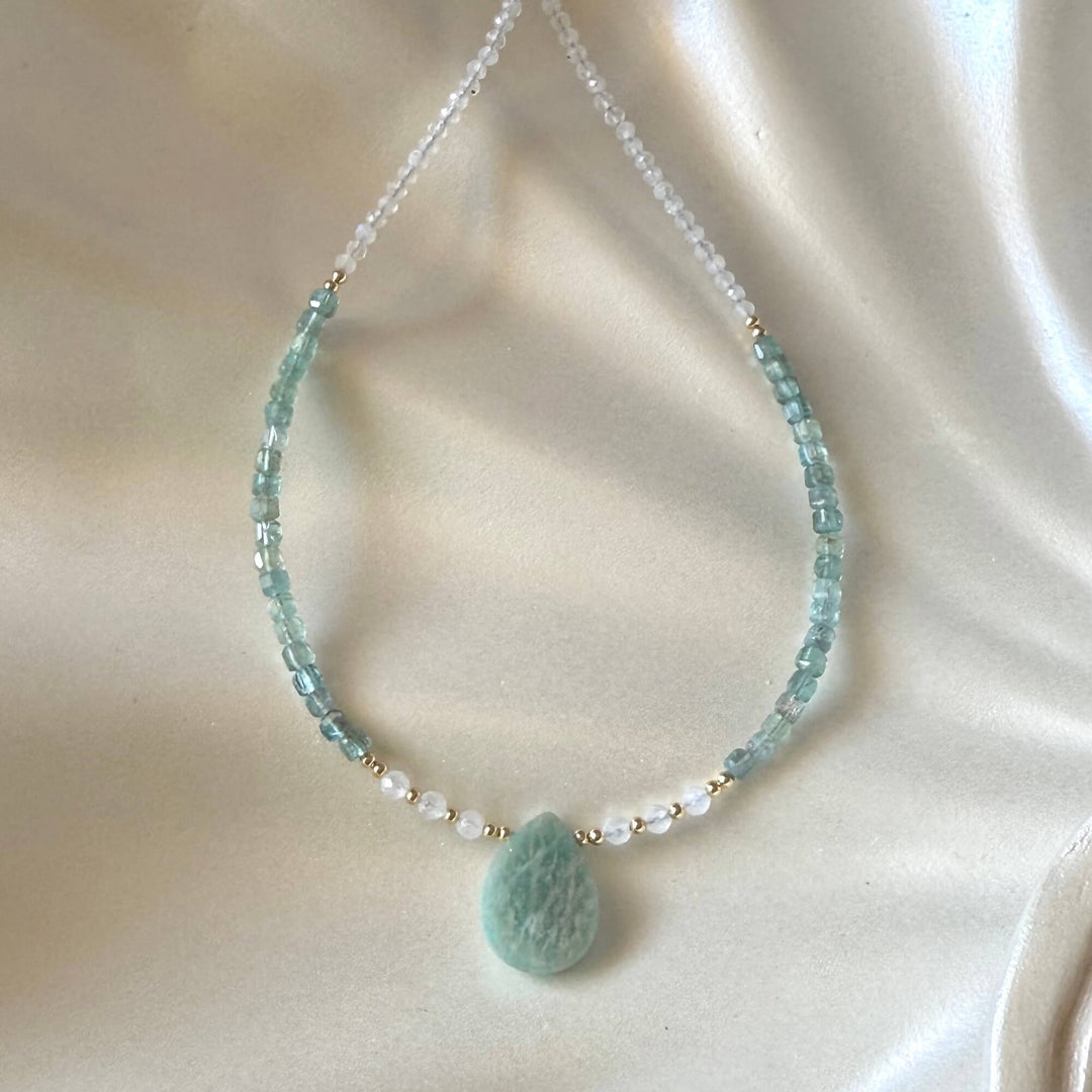 Lemurian Dreaming Amazonite, Apatite & Moonstone Gold Necklace