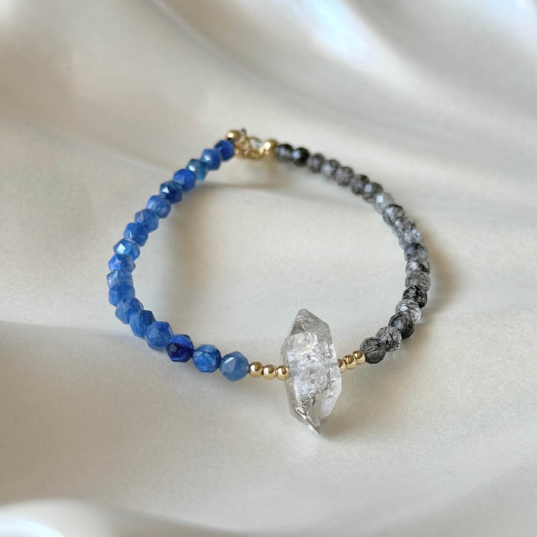 Herkimer Diamond, Kyanite and Tourmalinated Quartz Golden Bracelet