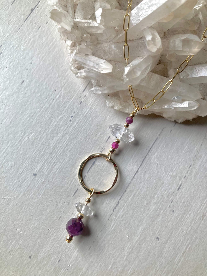 Golden Ruby & Herkimer Diamond Pendant Necklace