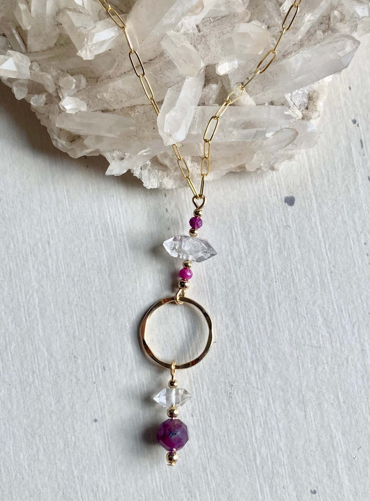 Golden Ruby & Herkimer Diamond Pendant Necklace