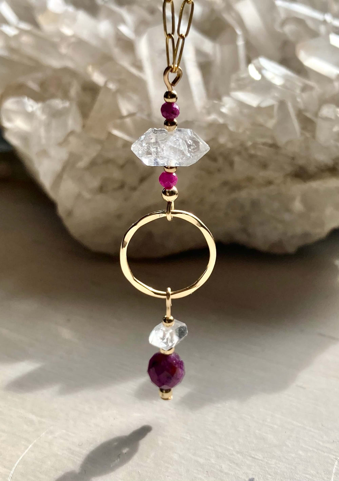 Golden Ruby & Herkimer Diamond Pendant Necklace